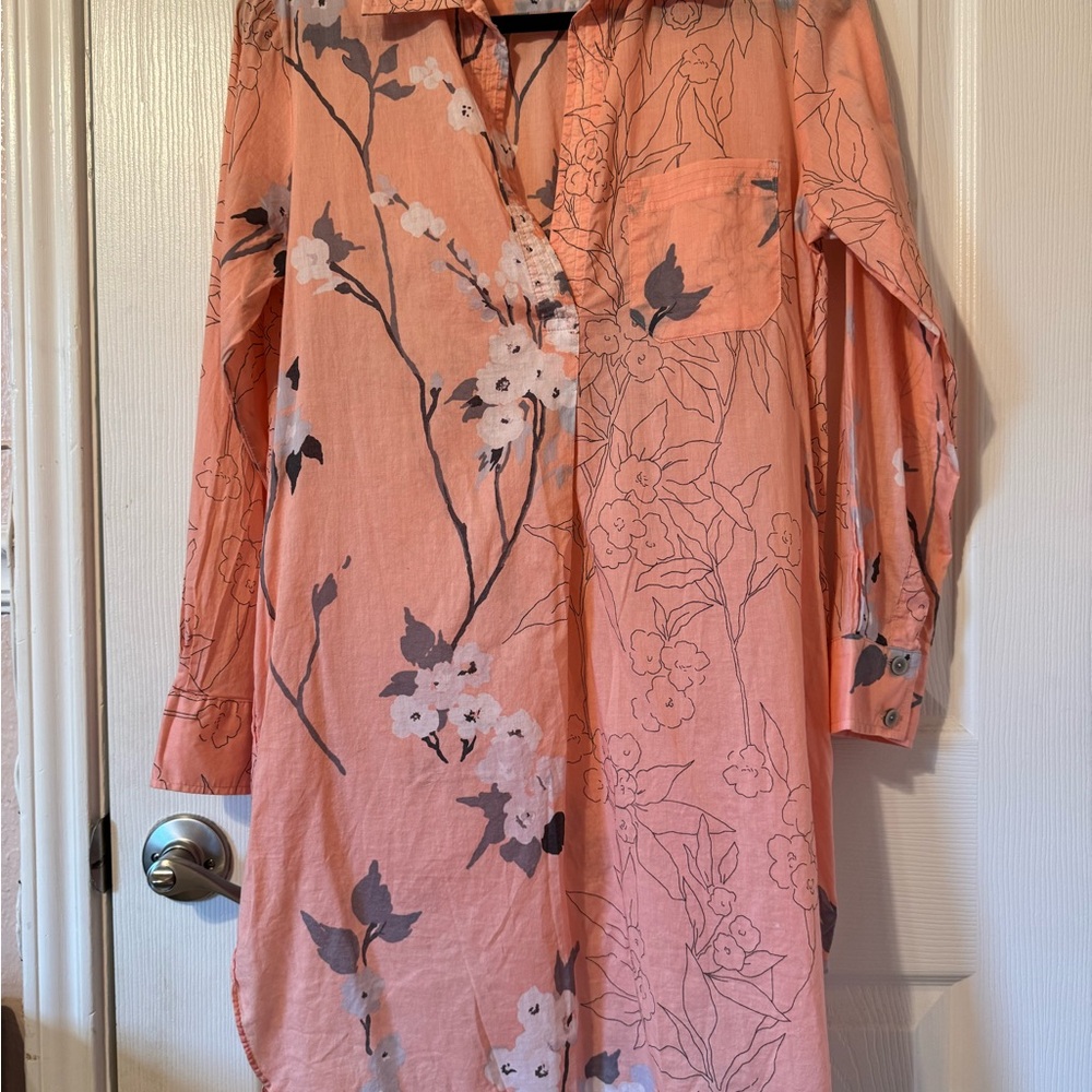Natori Peach Pink Floral Long-Sleeve Cotton Dress